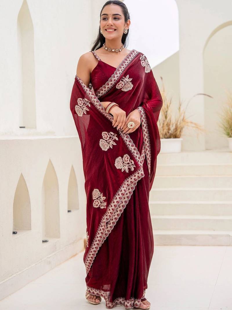 Maroon floral embroidered silk blend saree