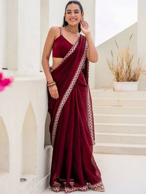 Maroon floral embroidered silk blend saree 2