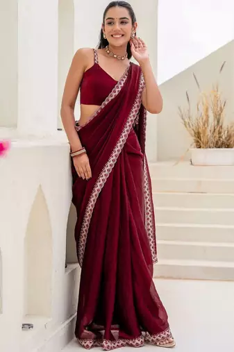 Maroon floral embroidered silk blend saree
