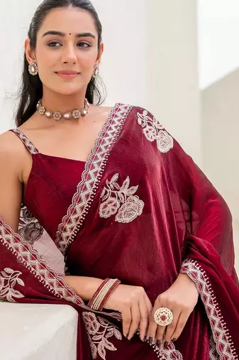 Maroon floral embroidered silk blend saree