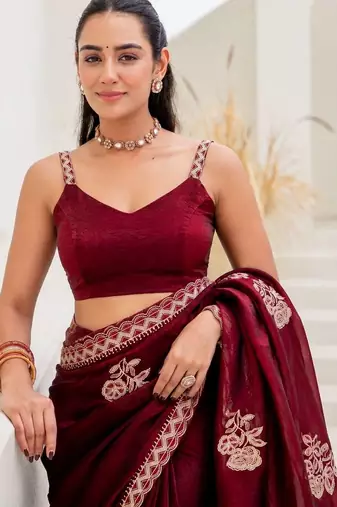 Maroon floral embroidered silk blend saree