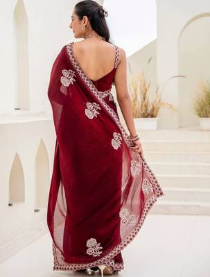Maroon floral embroidered silk blend saree 5