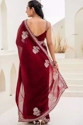 Maroon floral embroidered silk blend saree