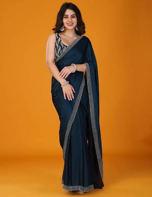 Navy blue stonework embellished beads border satin saree with unstitched blouse 1