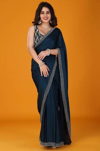 Navy blue stonework embellished beads border satin saree with unstitched blouse