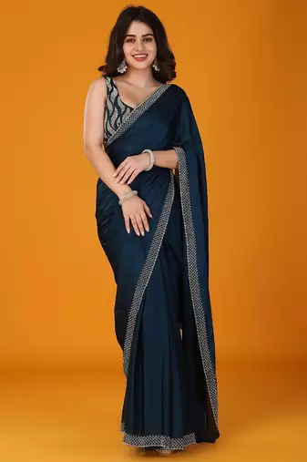 Navy blue stonework embellished beads border satin saree with unstitched blouse