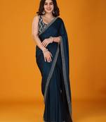 Navy blue stonework embellished beads border satin saree with unstitched blouse