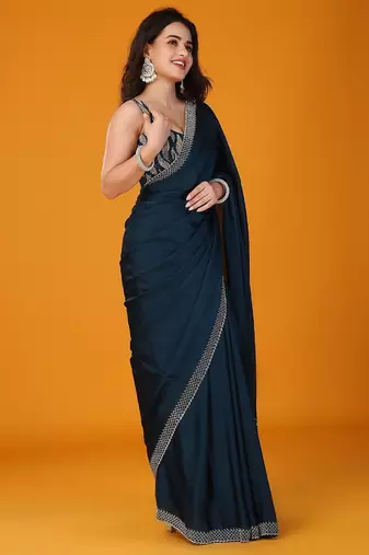 Navy blue stonework embellished beads border satin saree with unstitched blouse