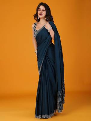 Navy blue stonework embellished beads border satin saree with unstitched blouse 3