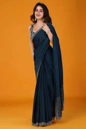 Navy blue stonework embellished beads border satin saree with unstitched blouse