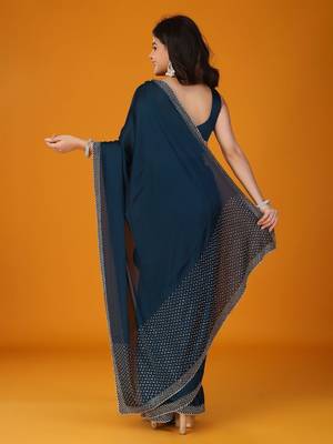 Navy blue stonework embellished beads border satin saree with unstitched blouse 4