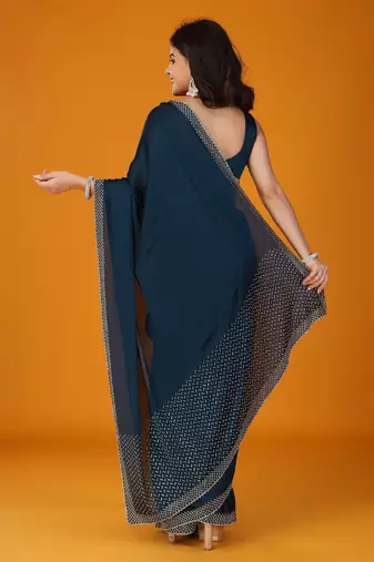 Navy blue stonework embellished beads border satin saree with unstitched blouse