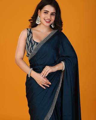 Navy blue stonework embellished beads border satin saree with unstitched blouse 5