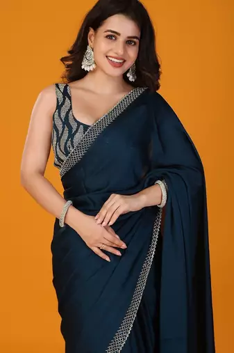 Navy blue stonework embellished beads border satin saree with unstitched blouse