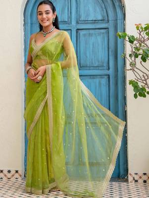Lime floral sequinned tissue saree 1