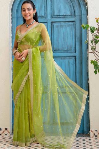 Lime floral sequinned tissue saree