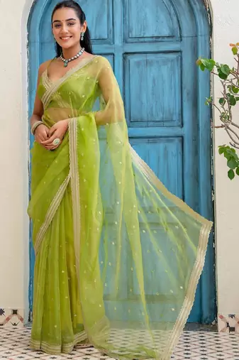 Lime floral sequinned tissue saree