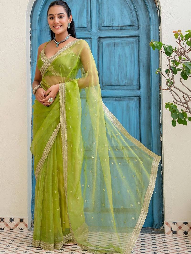 Lime floral sequinned tissue saree