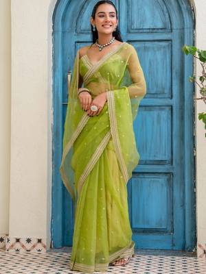 Lime floral sequinned tissue saree 3