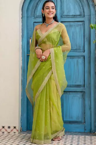 Lime floral sequinned tissue saree
