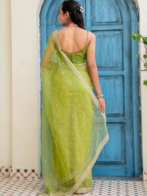 Lime floral sequinned tissue saree 5