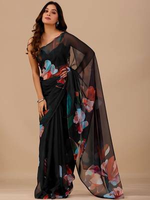 Black floral organza designer saree 1