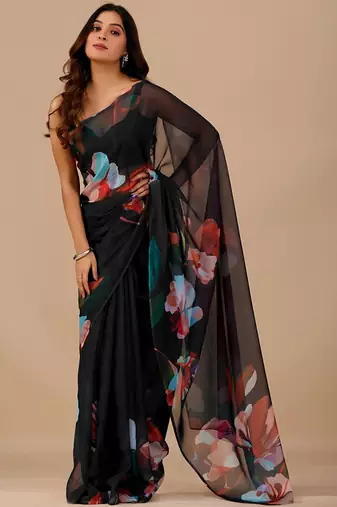 Black floral organza designer saree