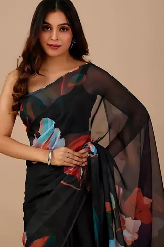 Black floral organza designer saree