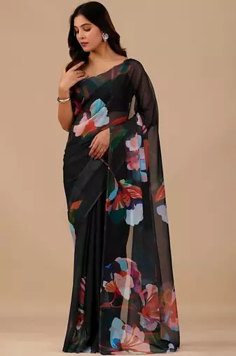 Black floral organza designer saree