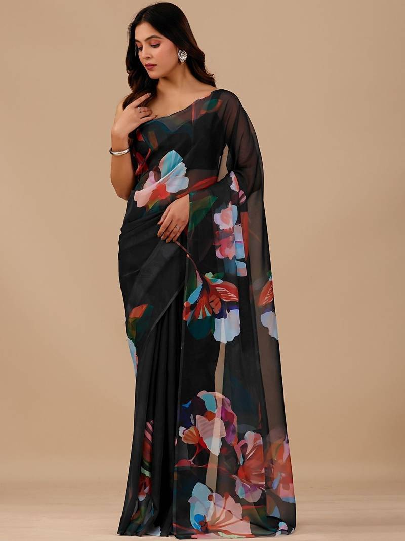 Black floral organza designer saree