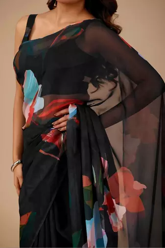 Black floral organza designer saree