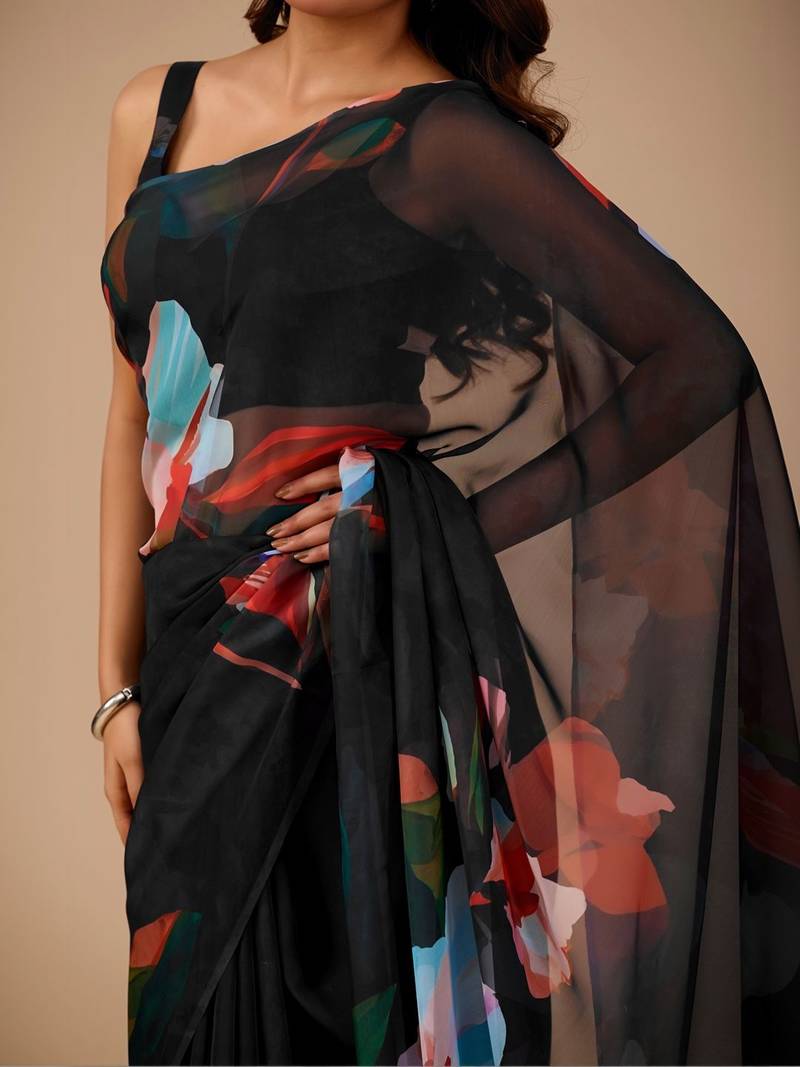 Black floral organza designer saree