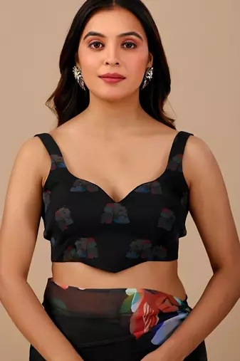 Black floral organza designer saree