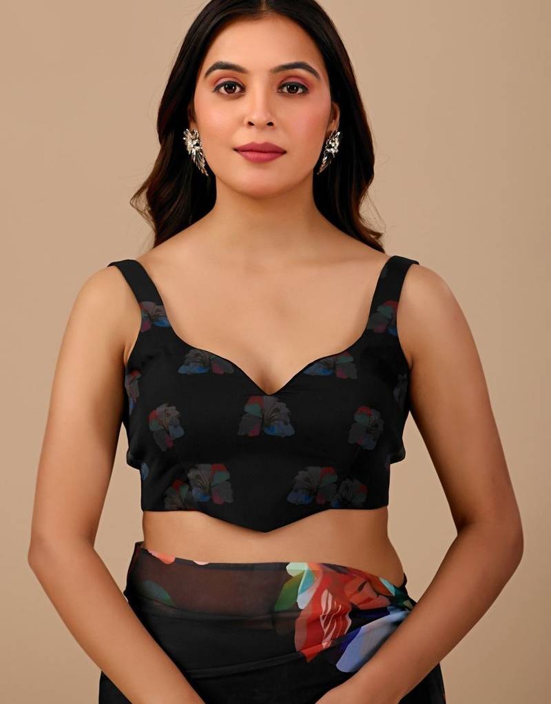 Black floral organza designer saree