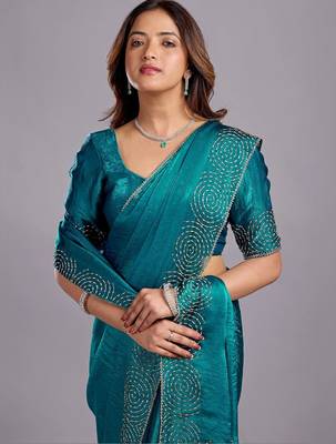 Teal embellished sequinned organza heavy work saree 1