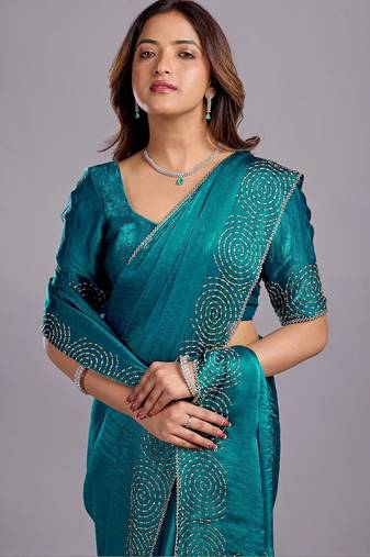 Teal embellished sequinned organza heavy work saree