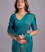 Teal embellished sequinned organza heavy work saree