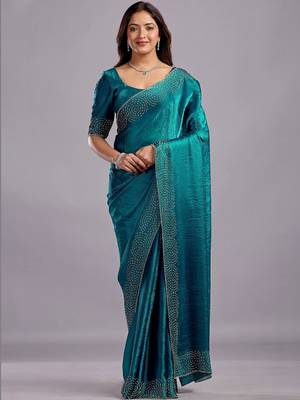Teal embellished sequinned organza heavy work saree 2