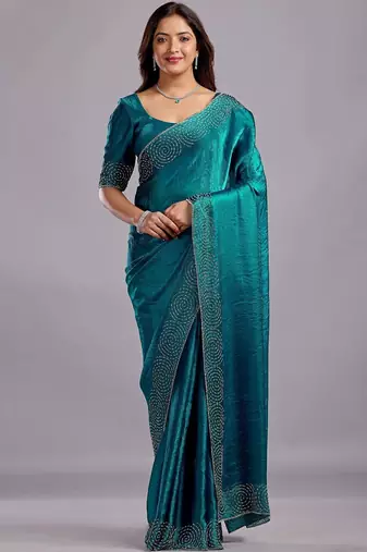 Teal embellished sequinned organza heavy work saree