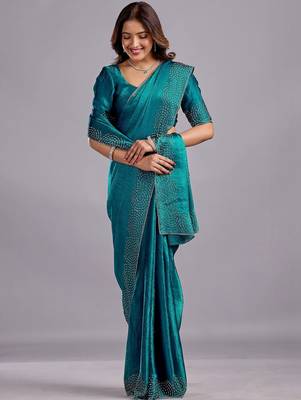 Teal embellished sequinned organza heavy work saree 3