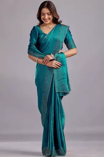 Teal embellished sequinned organza heavy work saree