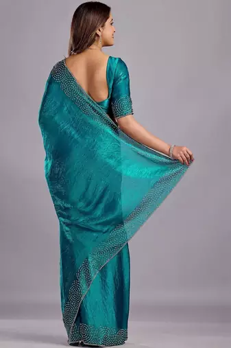 Teal embellished sequinned organza heavy work saree