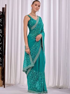 Teal women floral embroidered  chiffon saree 1