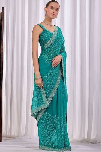 Teal women floral embroidered  chiffon saree