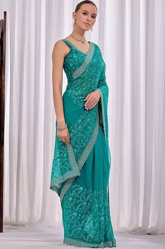 Teal women floral embroidered  chiffon saree