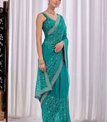 Teal women floral embroidered  chiffon saree