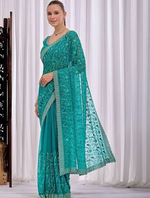Teal women floral embroidered  chiffon saree 2