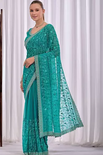 Teal women floral embroidered  chiffon saree
