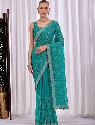 Teal women floral embroidered  chiffon saree 3