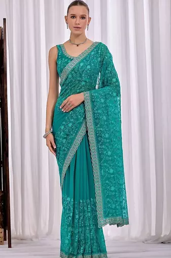 Teal women floral embroidered  chiffon saree